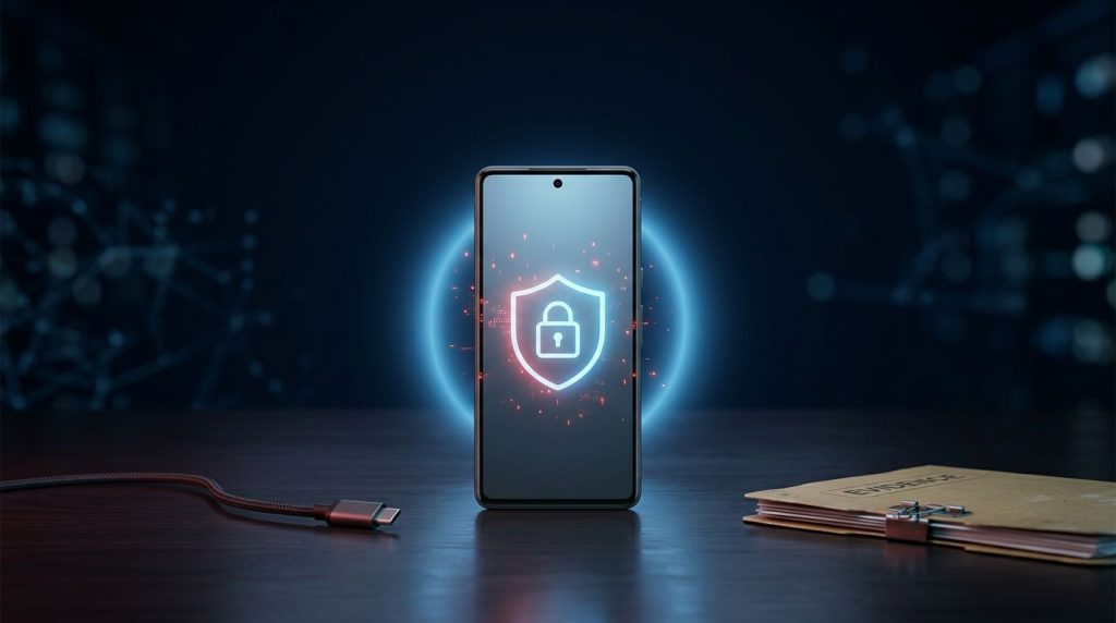 Android phone showing a shield and padlock beside a cable and evidence folder.