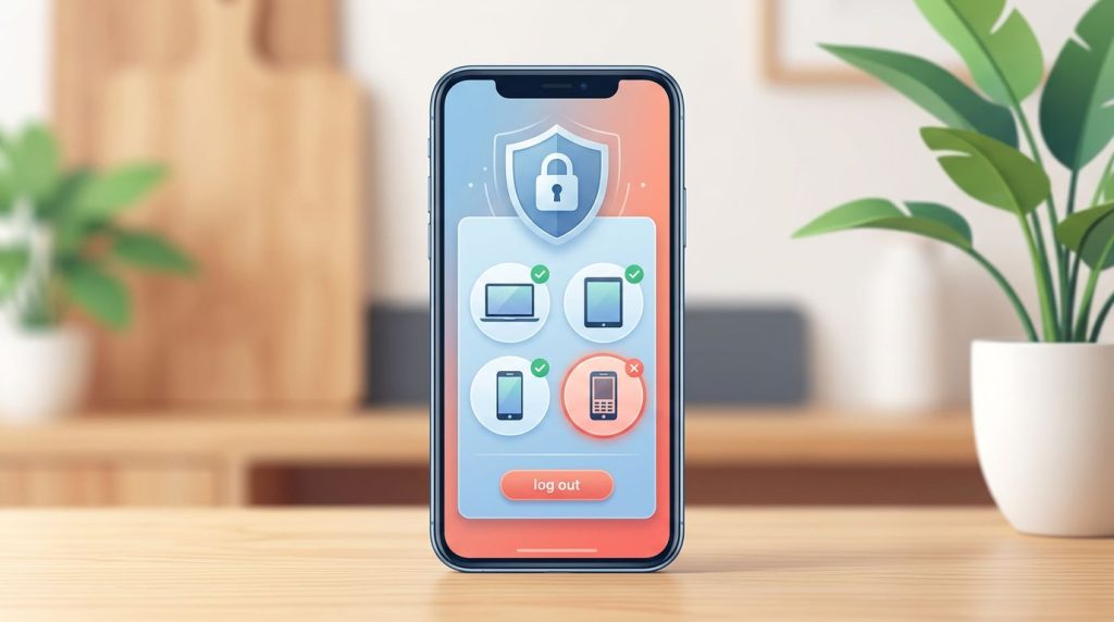 A smartphone shows account activity with one unfamiliar device marked for removal.