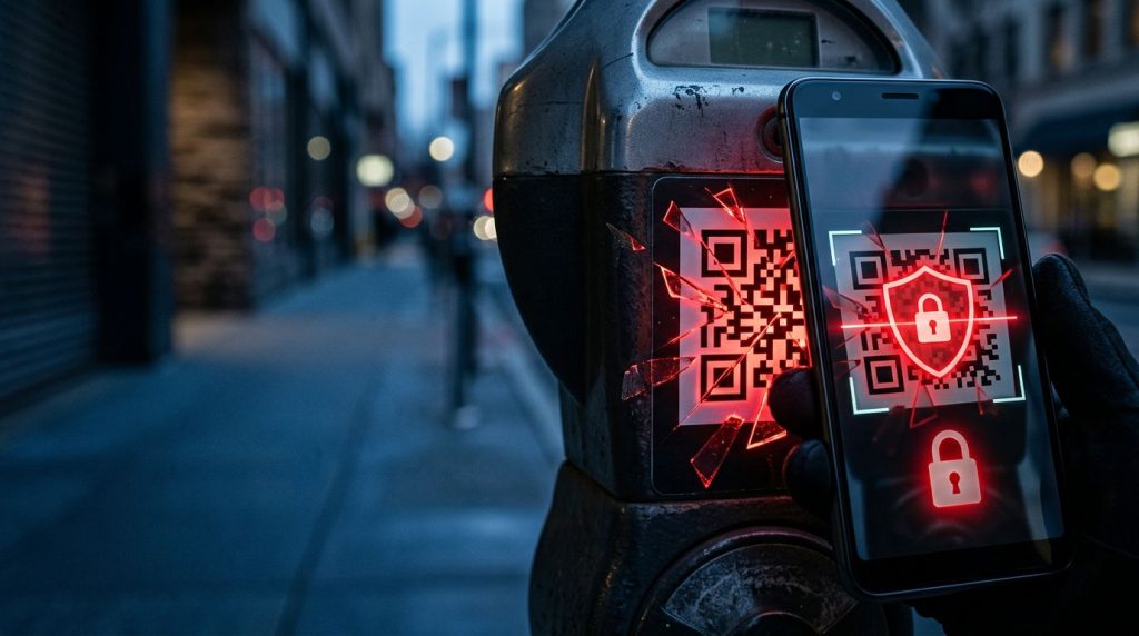 An Android phone scans a QR code with a red security warning on the screen.