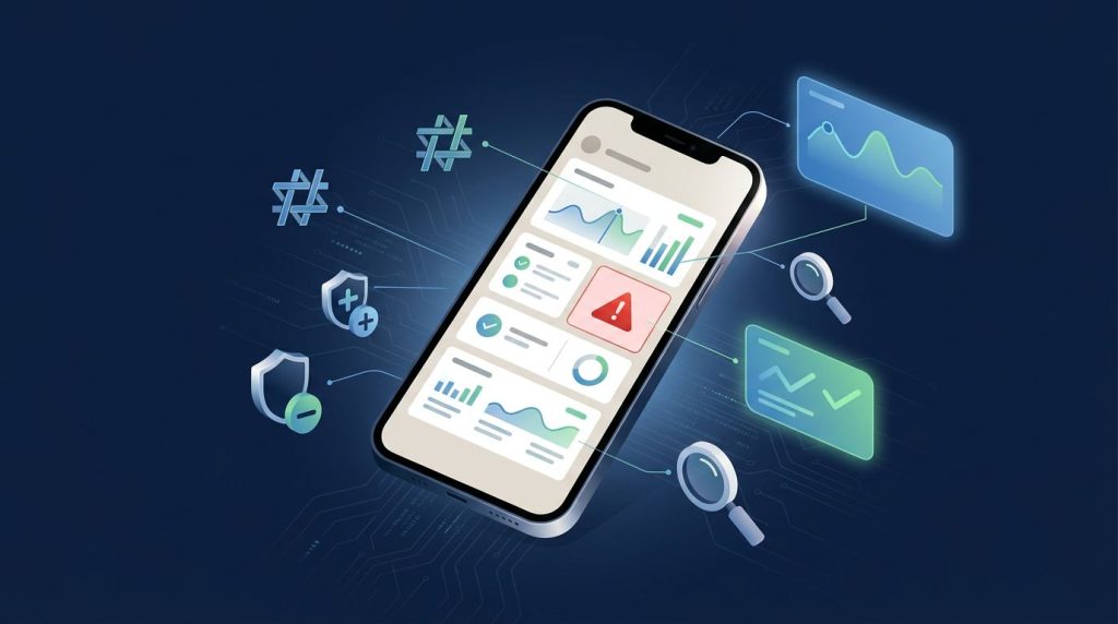 Smartphone showing an app security dashboard with shields, hashes, and mostly calm status indicators.