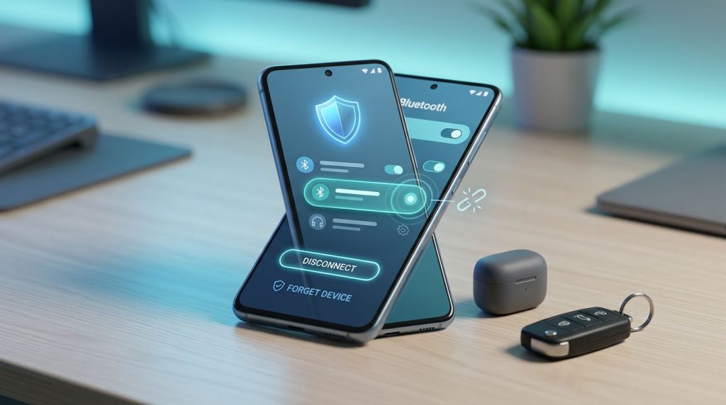 Android phone showing Bluetooth settings beside an earbud and car key fob.