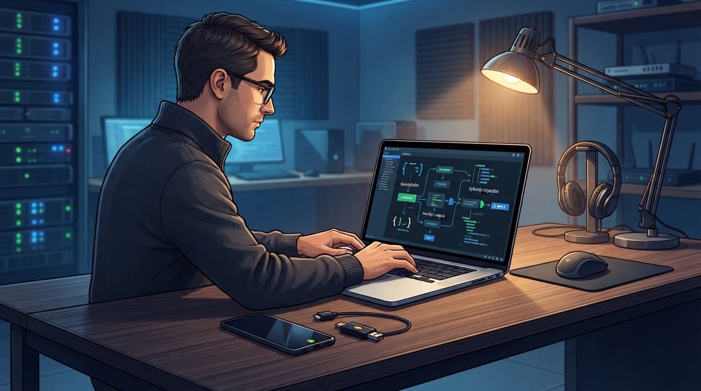 An analyst examines an Android app on a laptop beside a phone and security key.