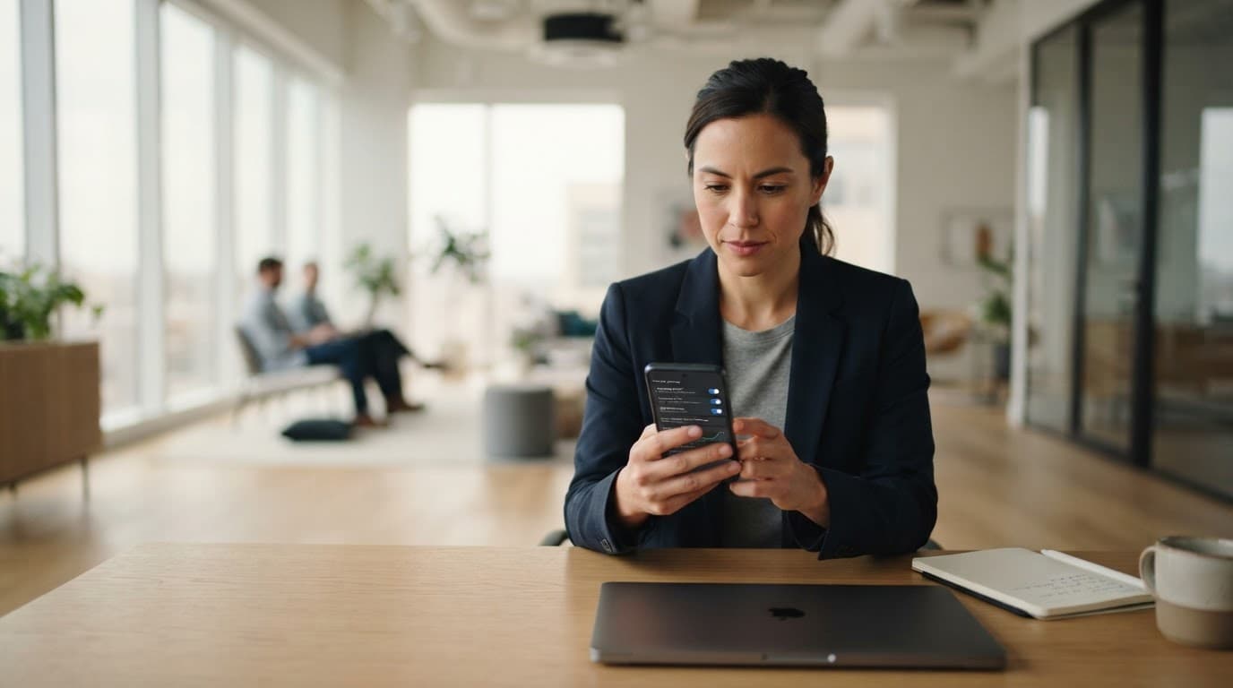 IT professional reviewing security settings on a phone in a bright office.