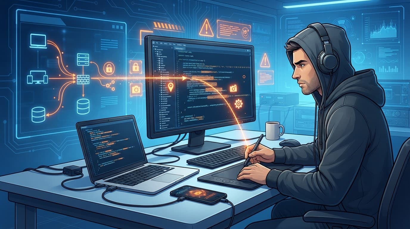 An analyst connects malware findings on a laptop and phone to a network diagram.