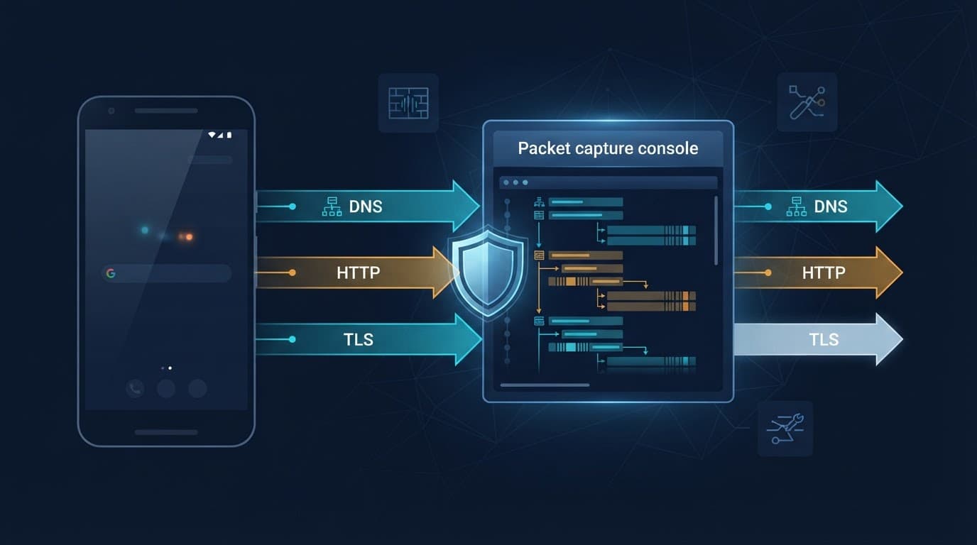 A device sends three colored network streams into a capture panel.
