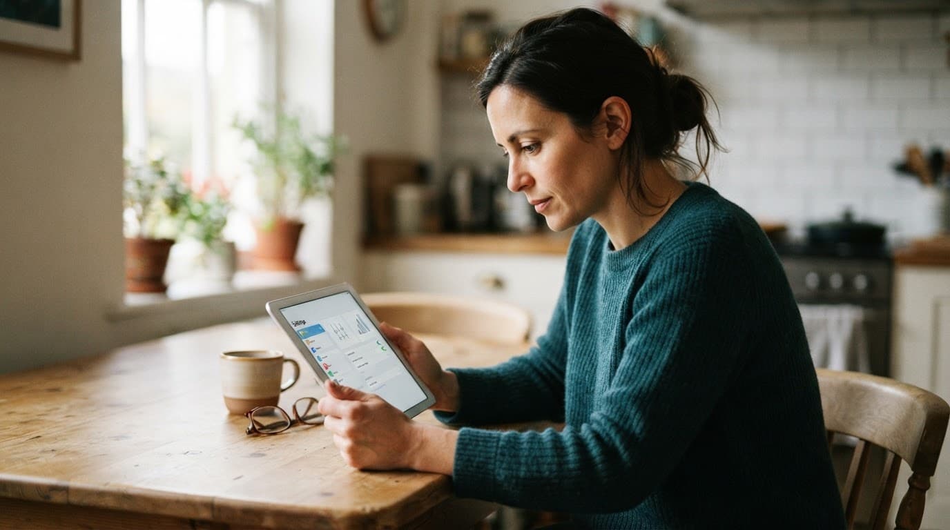Parent viewing device settings on a tablet at a wooden kitchen table.