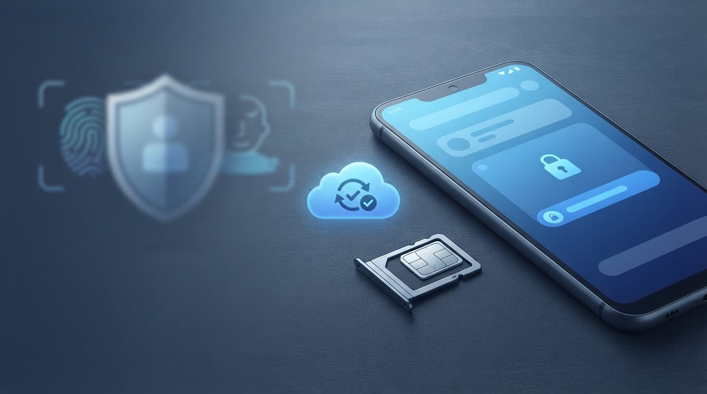 Android phone beside a SIM tray, backup cloud, and biometric security shield.