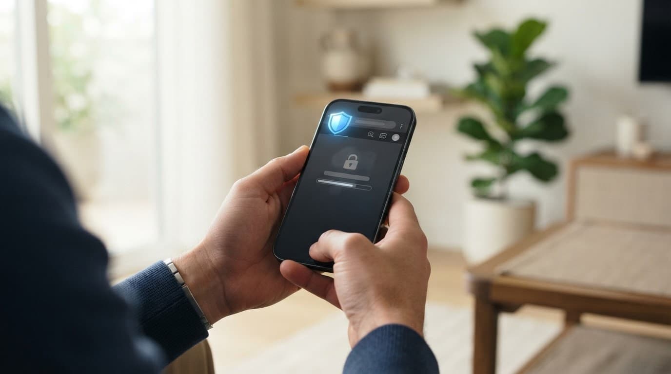 A hand holding an Android phone in a bright modern room.