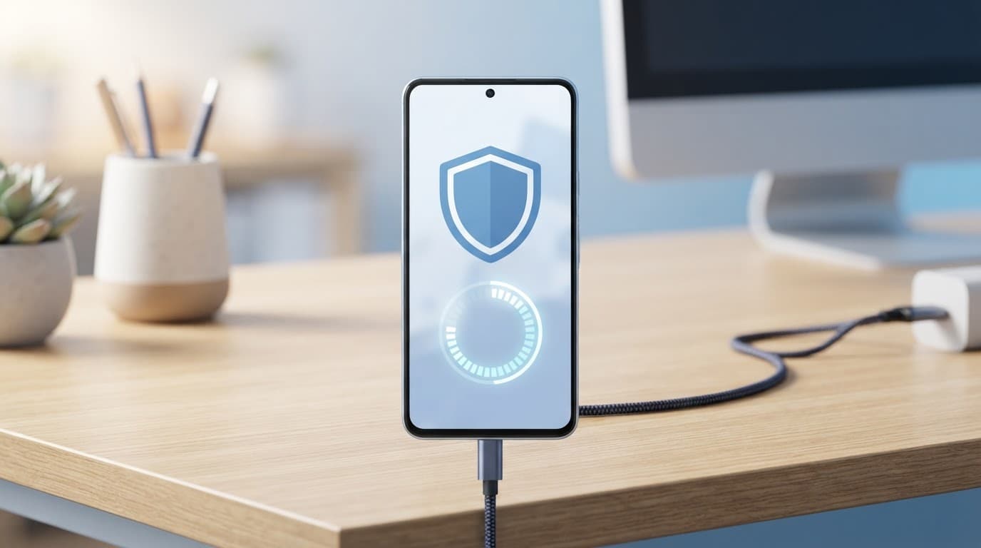 Android phone with a shield and update progress symbol on a desk.
