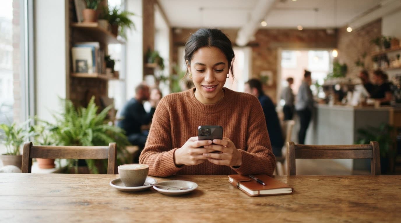 Person casually using a smartphone at a wooden table in a bright coffee shop.