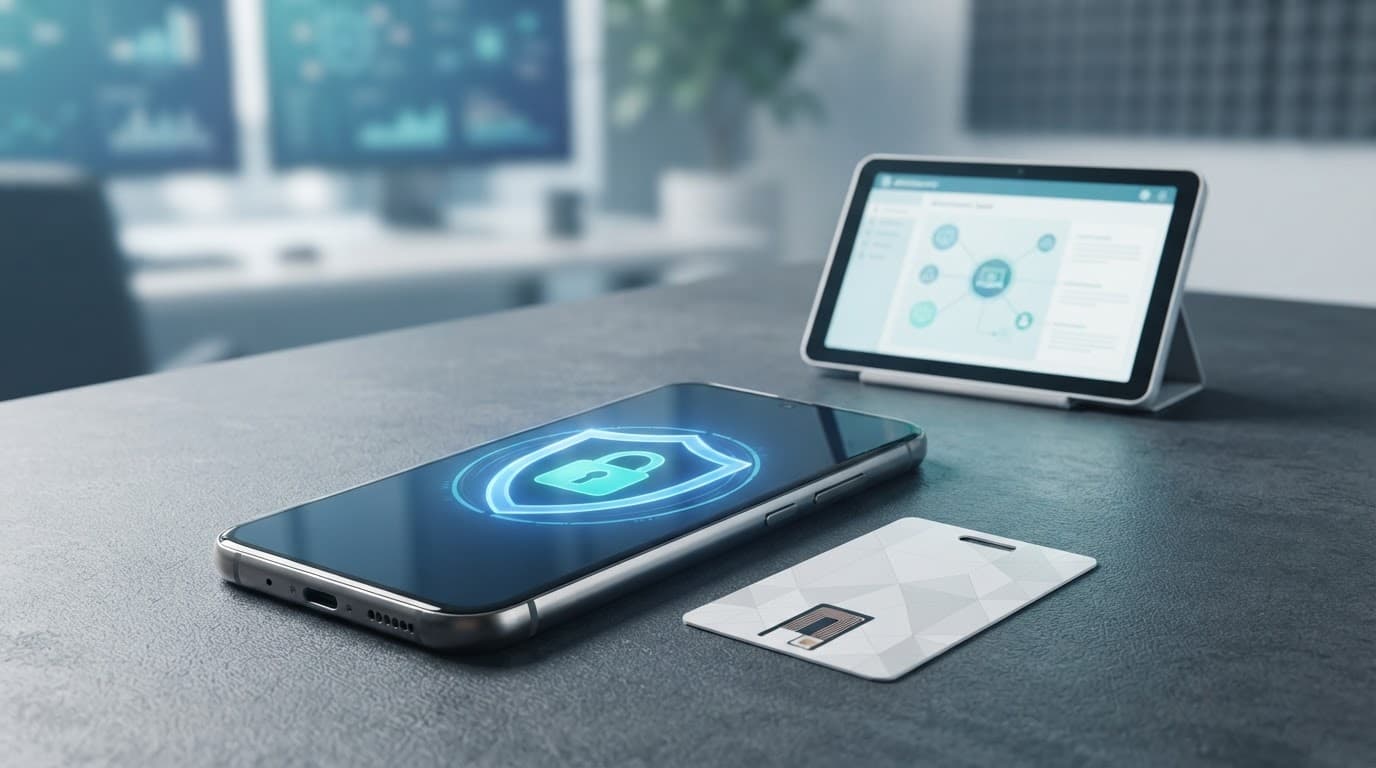 An Android phone and NFC badge sit beside security symbols, with an administrator tablet in the background.
