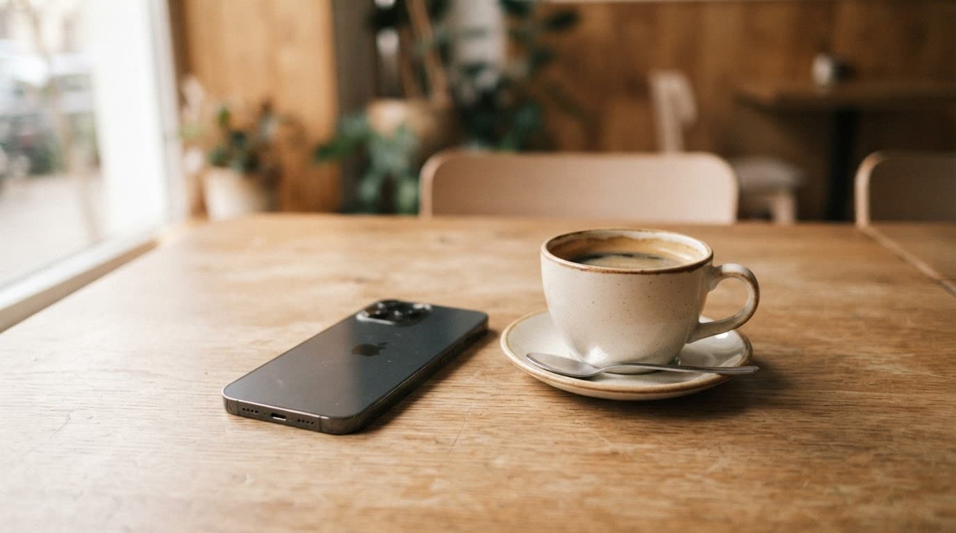 A smartphone beside a cup of coffee on a cafe table.