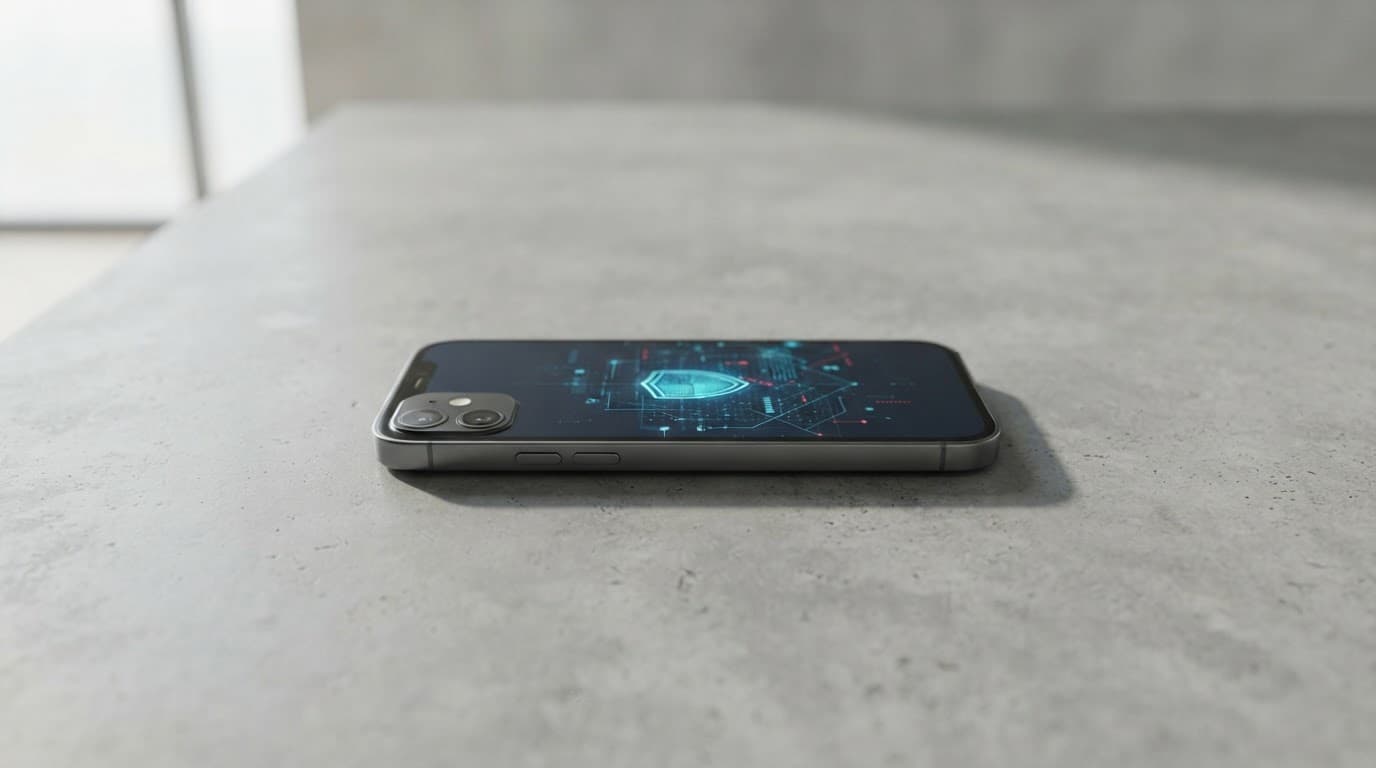 A smartphone lies on a concrete desk in soft light.