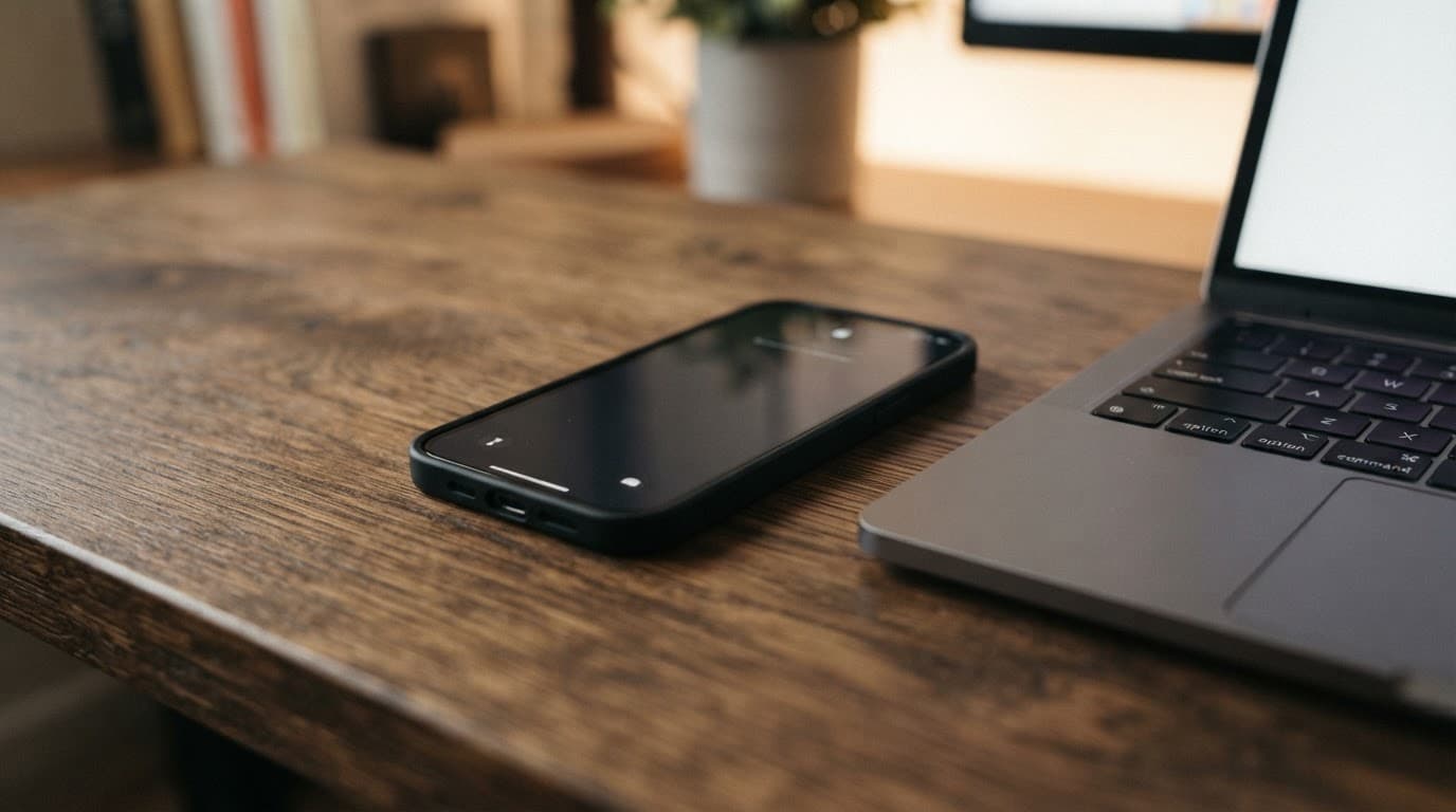 A smartphone sits beside a laptop keyboard on a wooden desk.