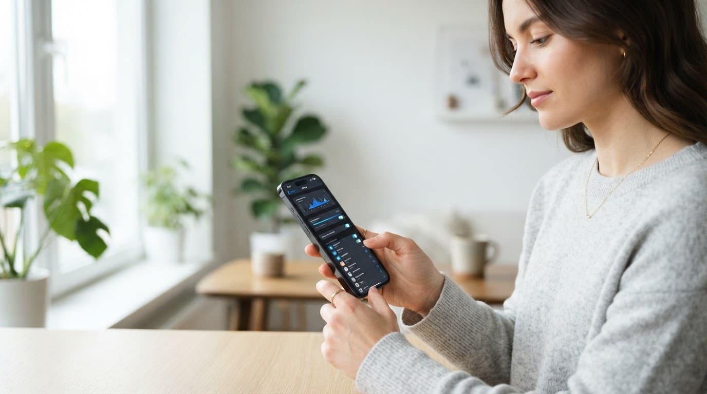A person holds a smartphone in a bright minimalist room.