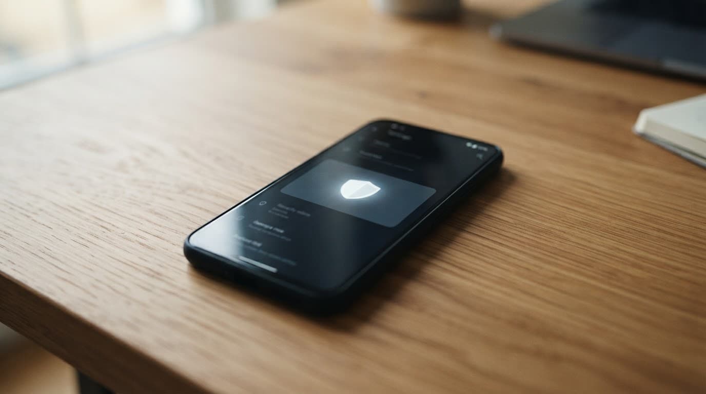 A smartphone showing a security shield alert on a wooden desk.