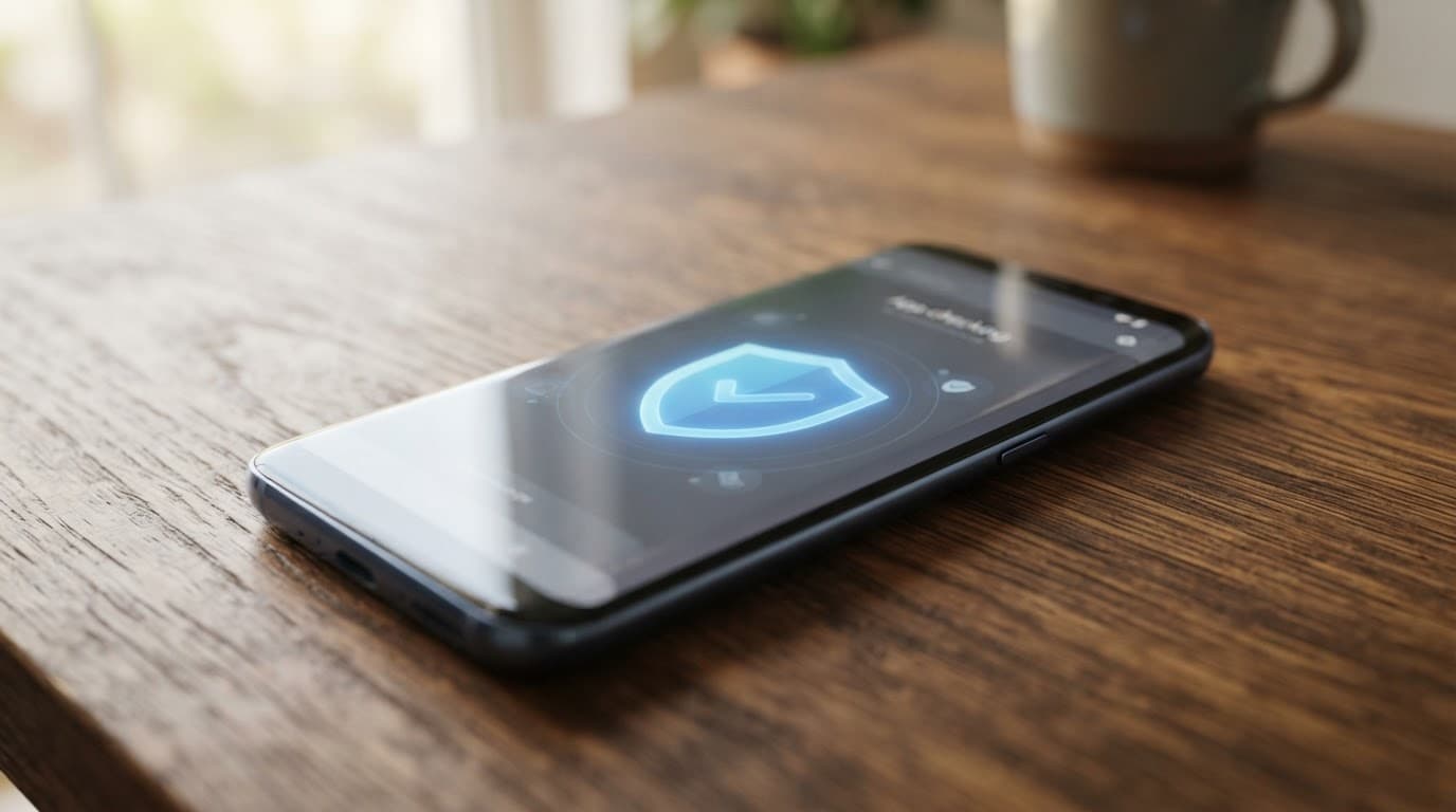 Smartphone showing a security shield notification on a wooden desk.