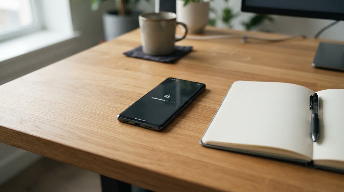 A smartphone and notebook on a wooden desk in soft natural light.