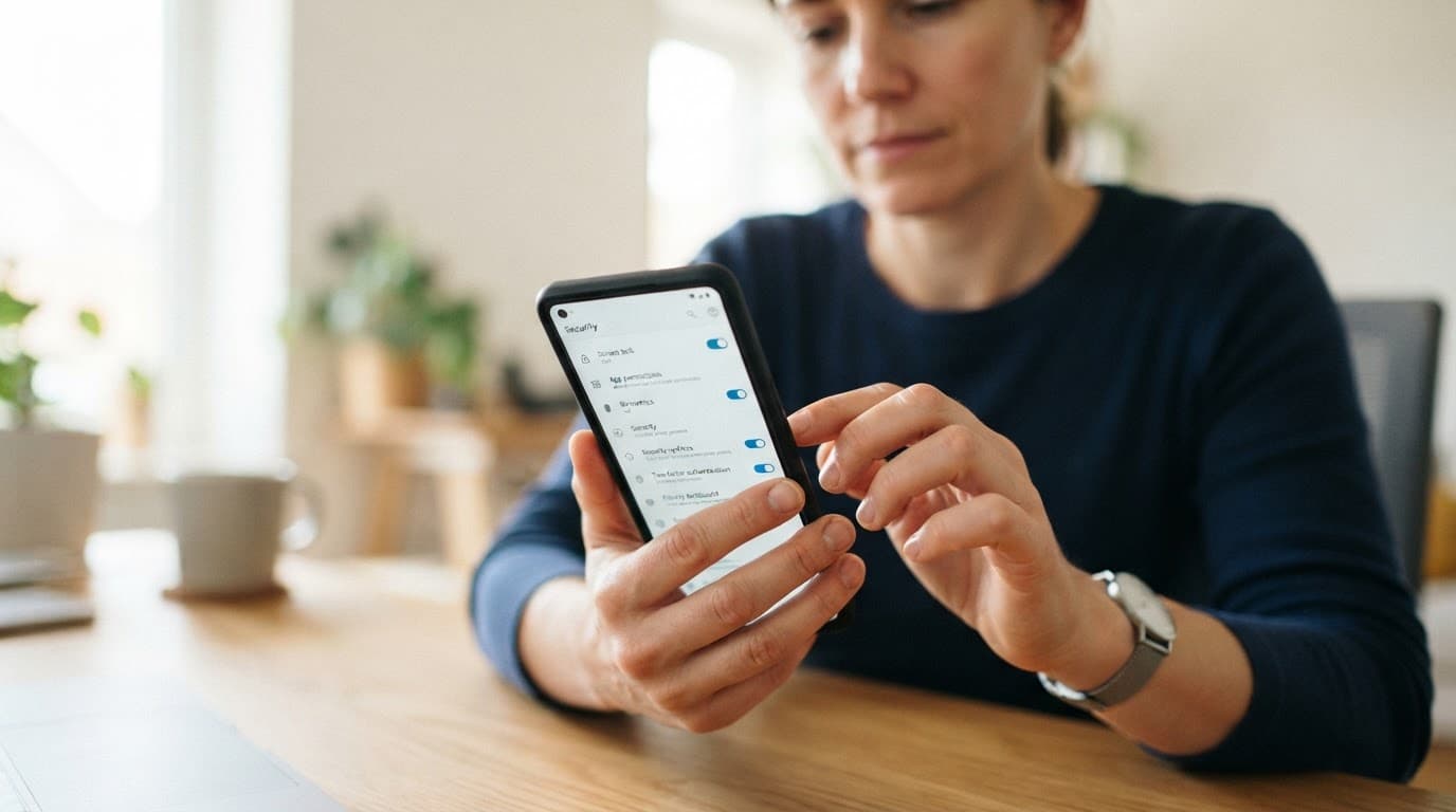 Person reviewing security settings on a smartphone in a bright room.