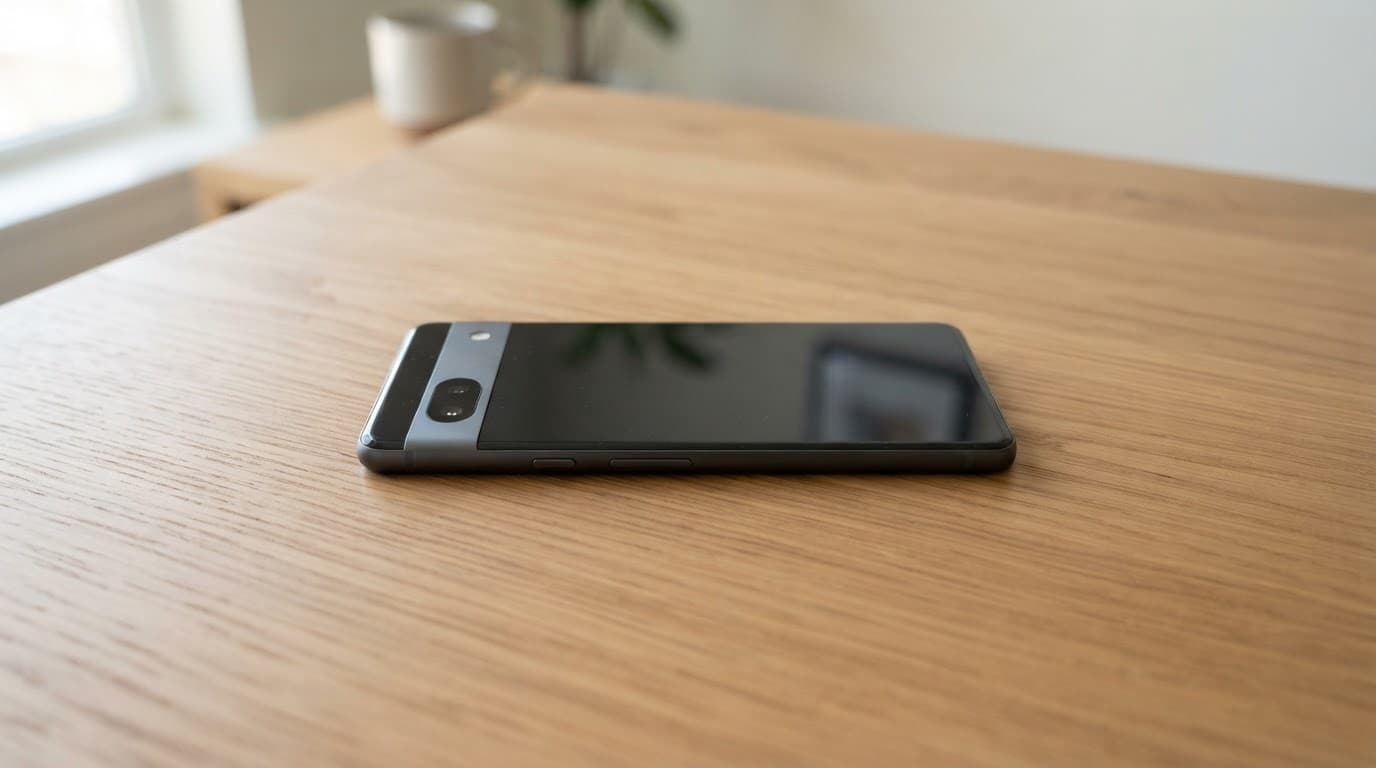 A modern smartphone lies on a simple wooden table under soft lighting.