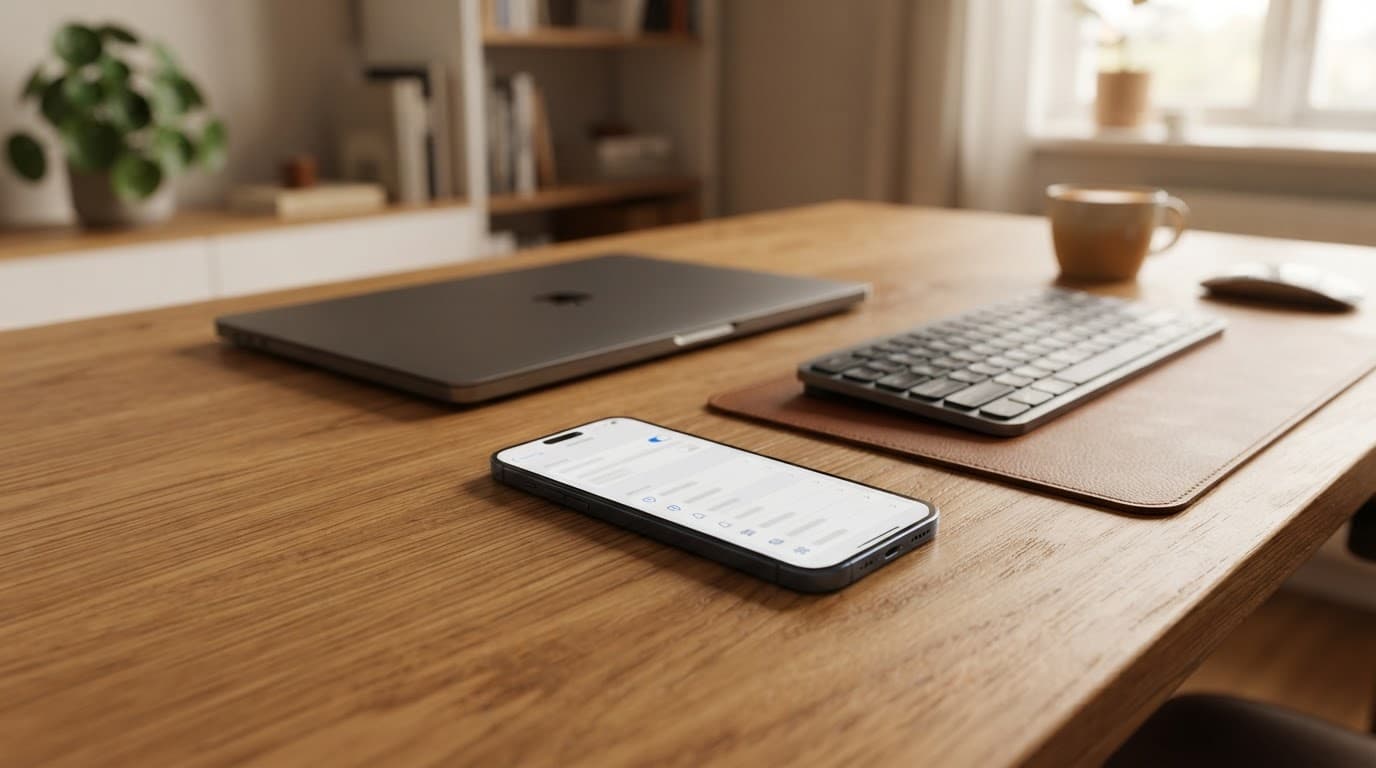 Smartphone showing security settings on a wooden desk in a softly lit workspace.