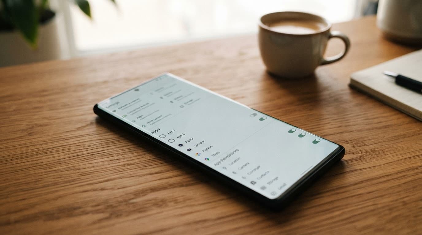 A smartphone showing Android settings on a wooden desk.