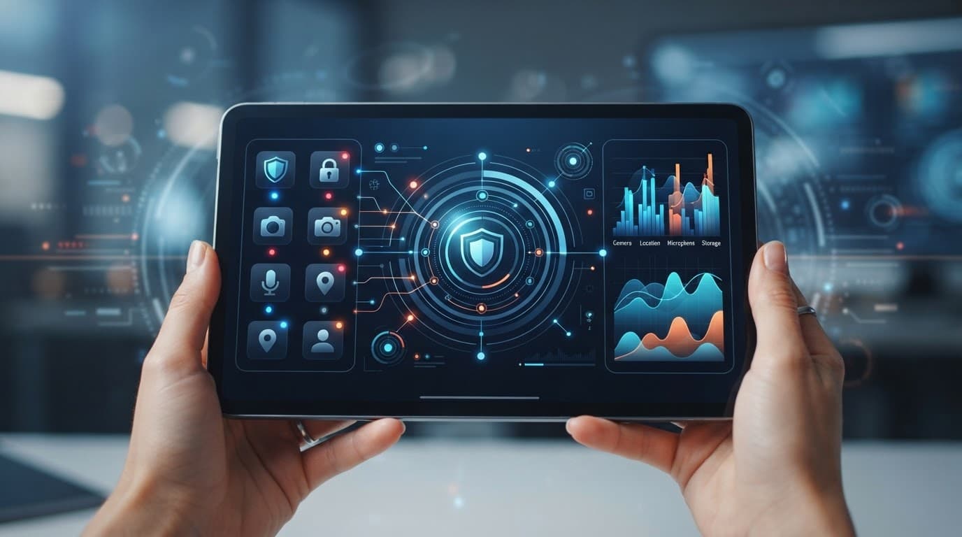 A tablet showing abstract app permissions and data access controls.