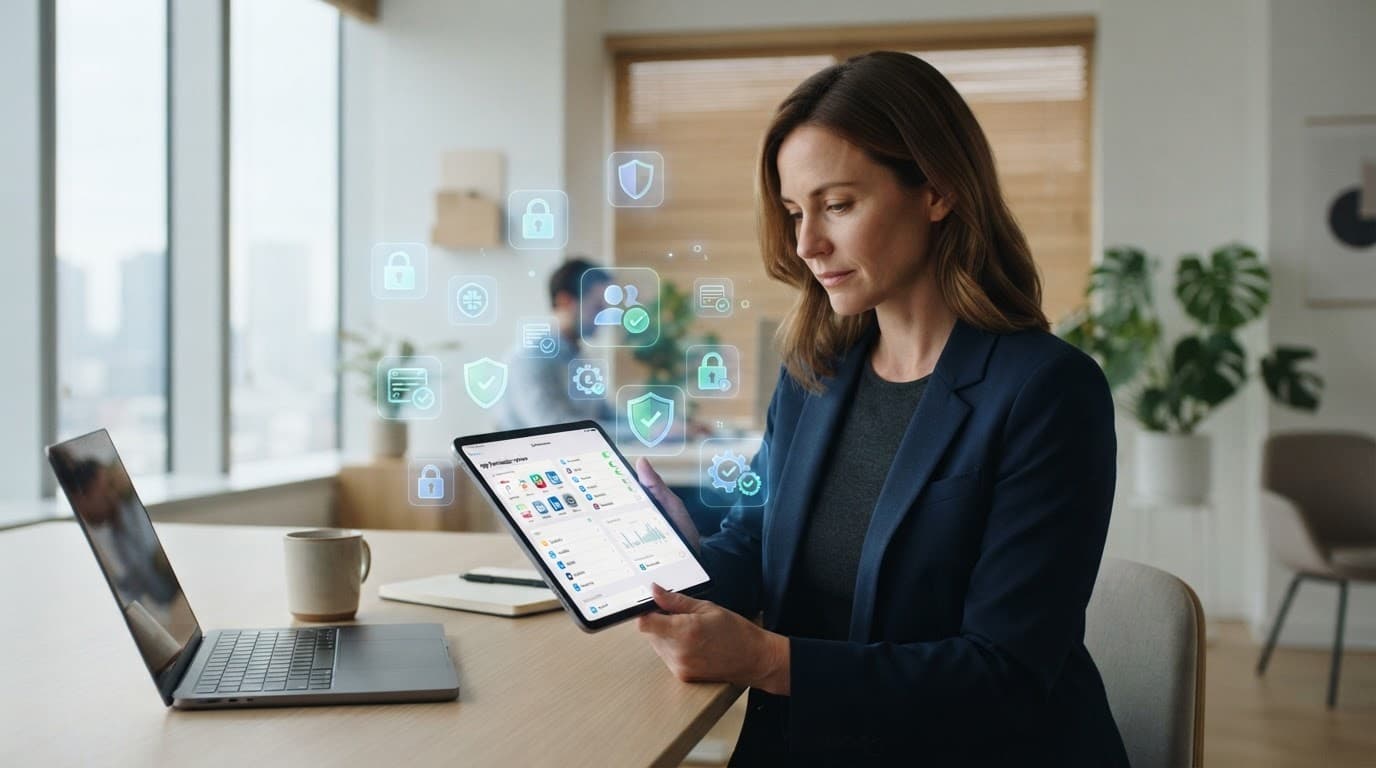 A person reviews a tablet surrounded by floating security icons in a modern office.