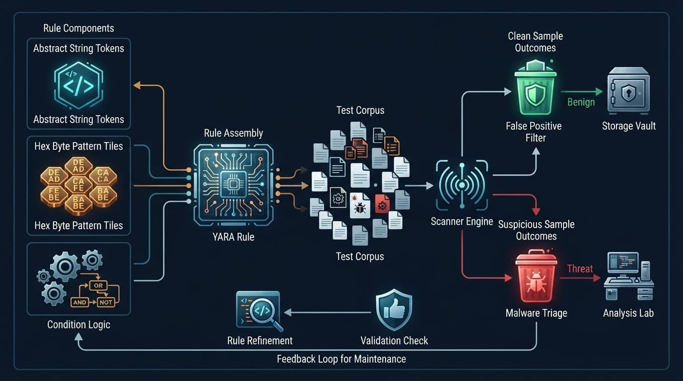 Diagram showing YARA rule components flowing through a scanner to sample outcomes and rule updates.